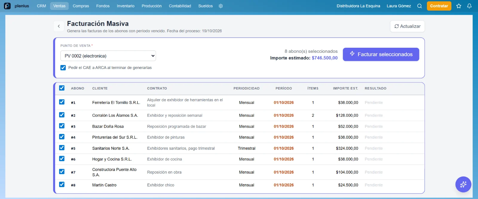 La facturación masiva: los abonos que vencen en el período, con su importe, listos para facturar y pedir el CAE.